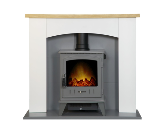 Hugo Fireplace Suite 39inch - White/Grey With Electric Stove - Grey Enamel