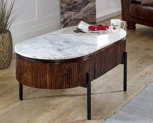 Olin Mango Wood Rectangular Fluted Coffee Table With Marble Top & Metal Legs