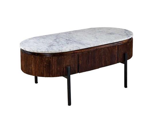 Olin Mango Wood Rectangular Fluted Coffee Table With Marble Top & Metal Legs