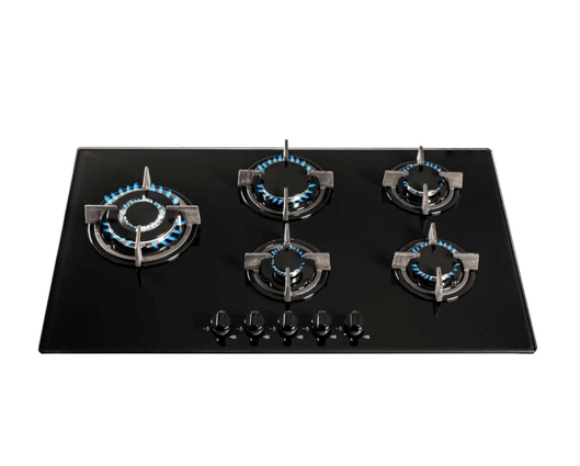 SIA GHG902BL 90cm 5 Burner Gas On Glass Hob With Cast Iron Pan Stands Black 