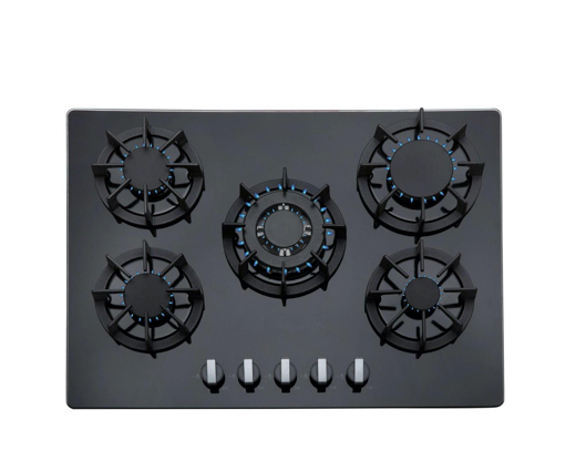 SIA R8 70cm 5 Burner Gas On Glass Hob With Cast Iron Pan Stands Black 