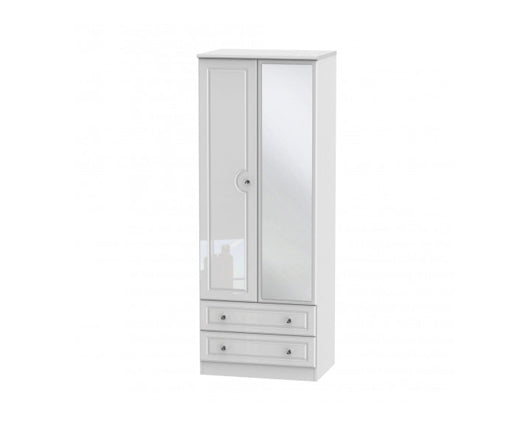Beckett Tall 2 Drawer Mirrored Wardrobe-White High Gloss & Cyrstal Handles