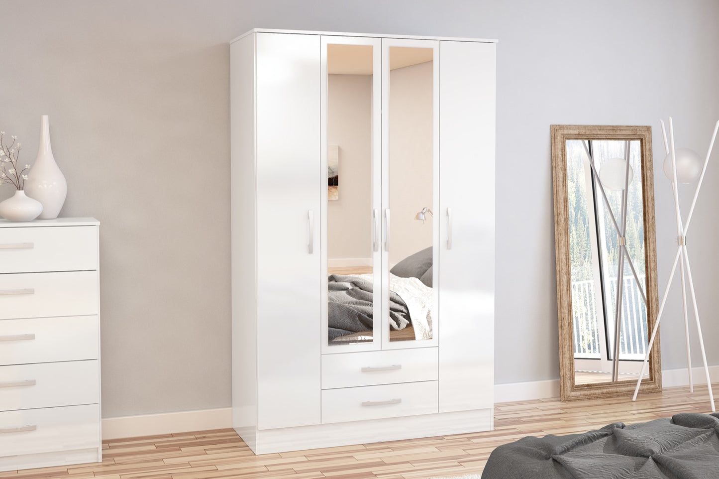Larz 4 Door 2 Drawer Wardrobe With Mirror - White