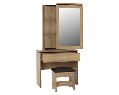 Cordell 1 Drawer Dressing Table Set - Oak Effect Veneer with Walnut Trim/Brown Faux Leather