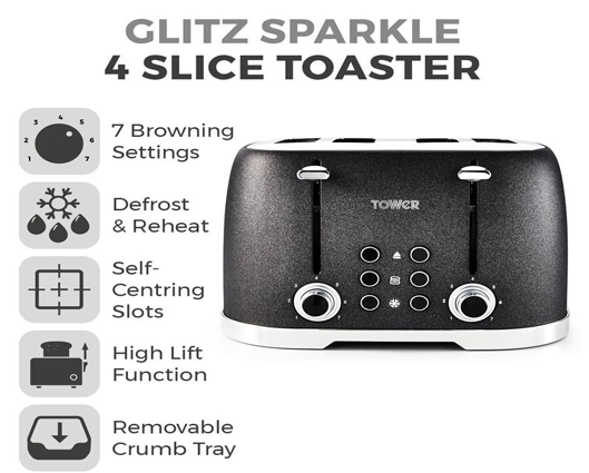 Tower Glitz 4 Slice Toaster Black