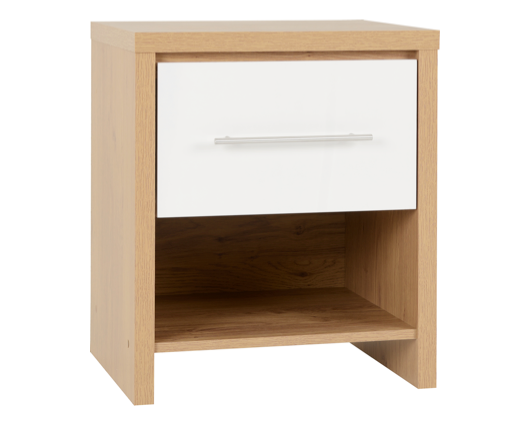 Santos 1 Drawer Bedside Cabinet - White High Gloss/Light Oak Effect Veneer