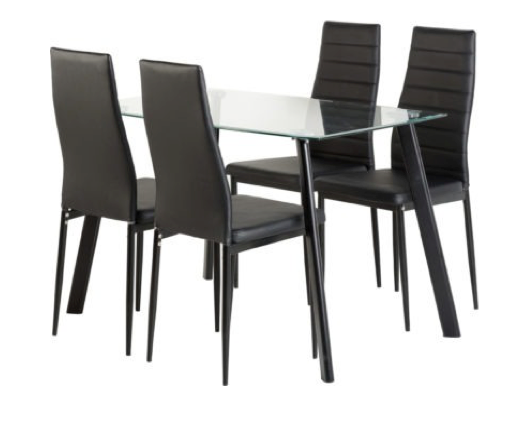 Alice Dining Set - Clear Glass/Black/Black Faux Leather