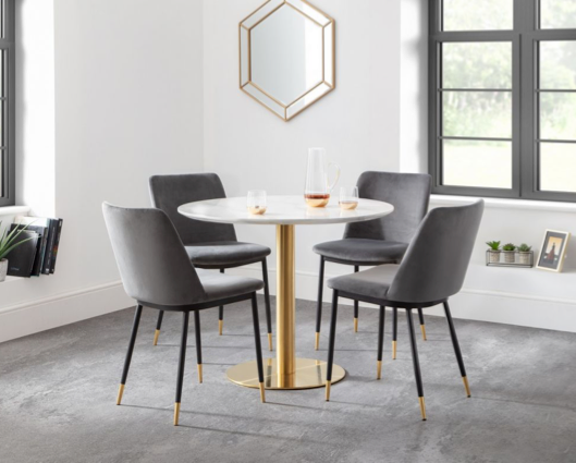 Penny Round Pedestal Table & 4 Delancy Chairs- Grey