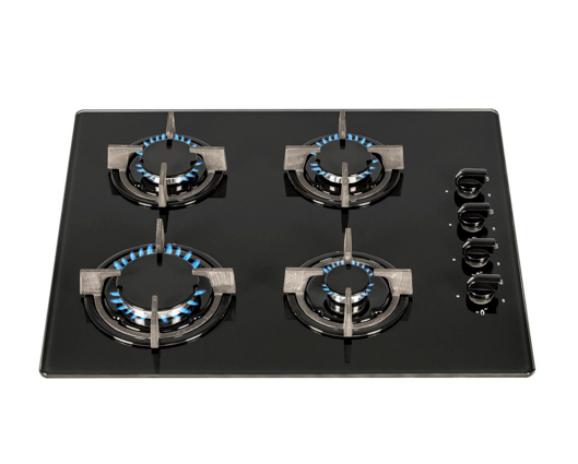 SIA GHG602BL 60cm 4 Burner Gas On Glass Hob With Cast Iron Pan Stands Black 