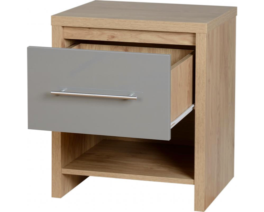 Santos 1 Drawer Bedside Cabinet - Grey High Gloss/Light Oak Effect Veneer