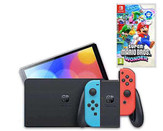 Nintendo Switch OLED Red & Blue Console with Super Mario Bros Wonder