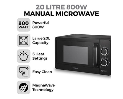 Tower 20L 800W Manual Microwave Black