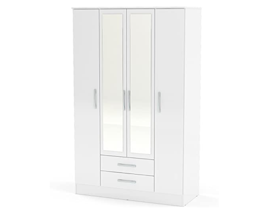 Larz 4 Door 2 Drawer Wardrobe With Mirror - White