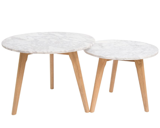 Hubie Round Nest Of Tables Oak-White Marble Top