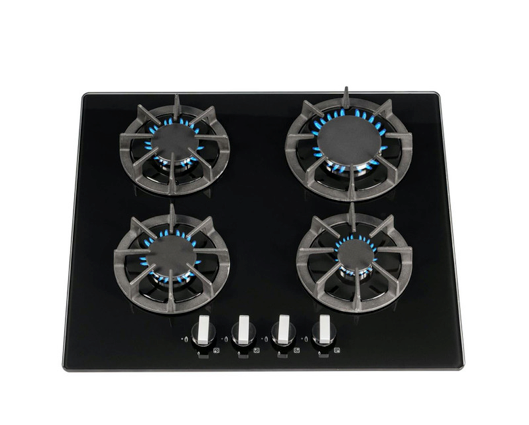 SIA R7 60cm 4 Burner Gas On Glass Hob With Cast Iron Pan Stands Black 